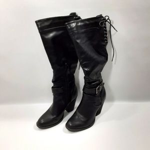 XOXO Kittie Size 6.5M Black Faux Leather Knee High Heeled Boots